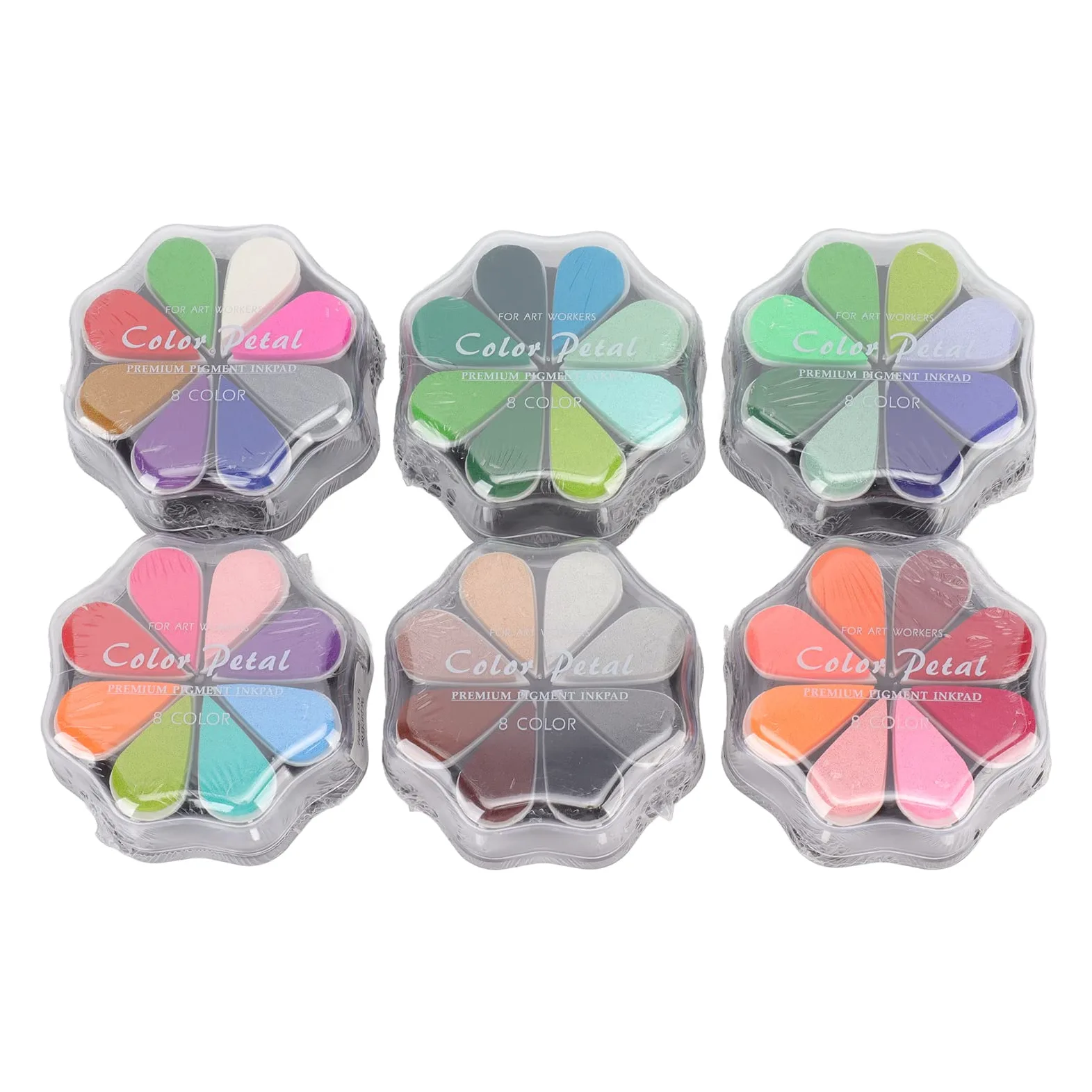 6 almohadillas de tinta lavables, almohadilla de sello de tinta metálica en forma de pétalo, 48 colores vibrantes, kit de sellos de goma para huellas dactilares, cobertura fuerte,