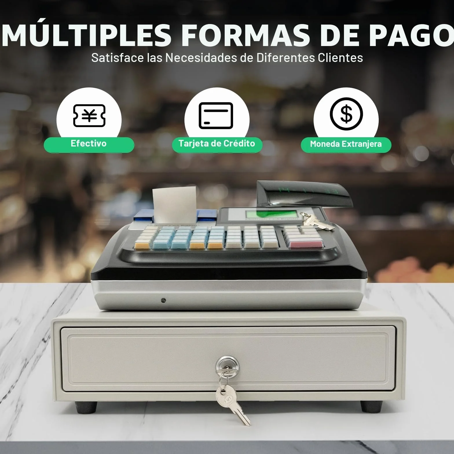 Caja registradora electrónica KumuJ Venta al por menor Sistema POS Cajón Sólido De Con 48 Teclas 40W Pantalla Digital Equipado para el Comercio, Caja registradora para Pequeñas Empresas