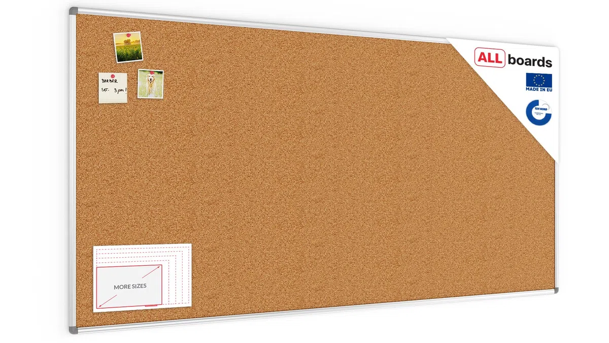 ALLboards Tablón de anuncios de corcho con marco de aluminio | Ideal para oficinas, lugares públicos, hogar | Montaje rápido y sencillo [Corcho marrón-200x100cm]