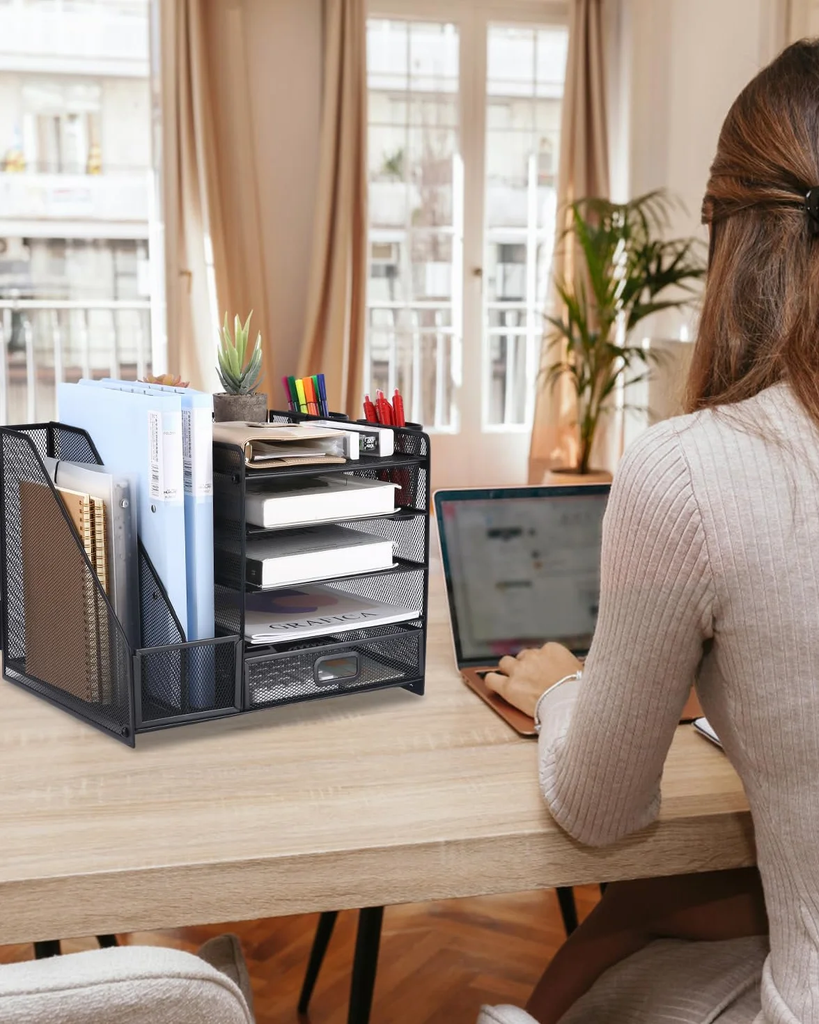 Organizador de Escritorio de Metal de 5 Niveles con Cajón y Portalápices Negro