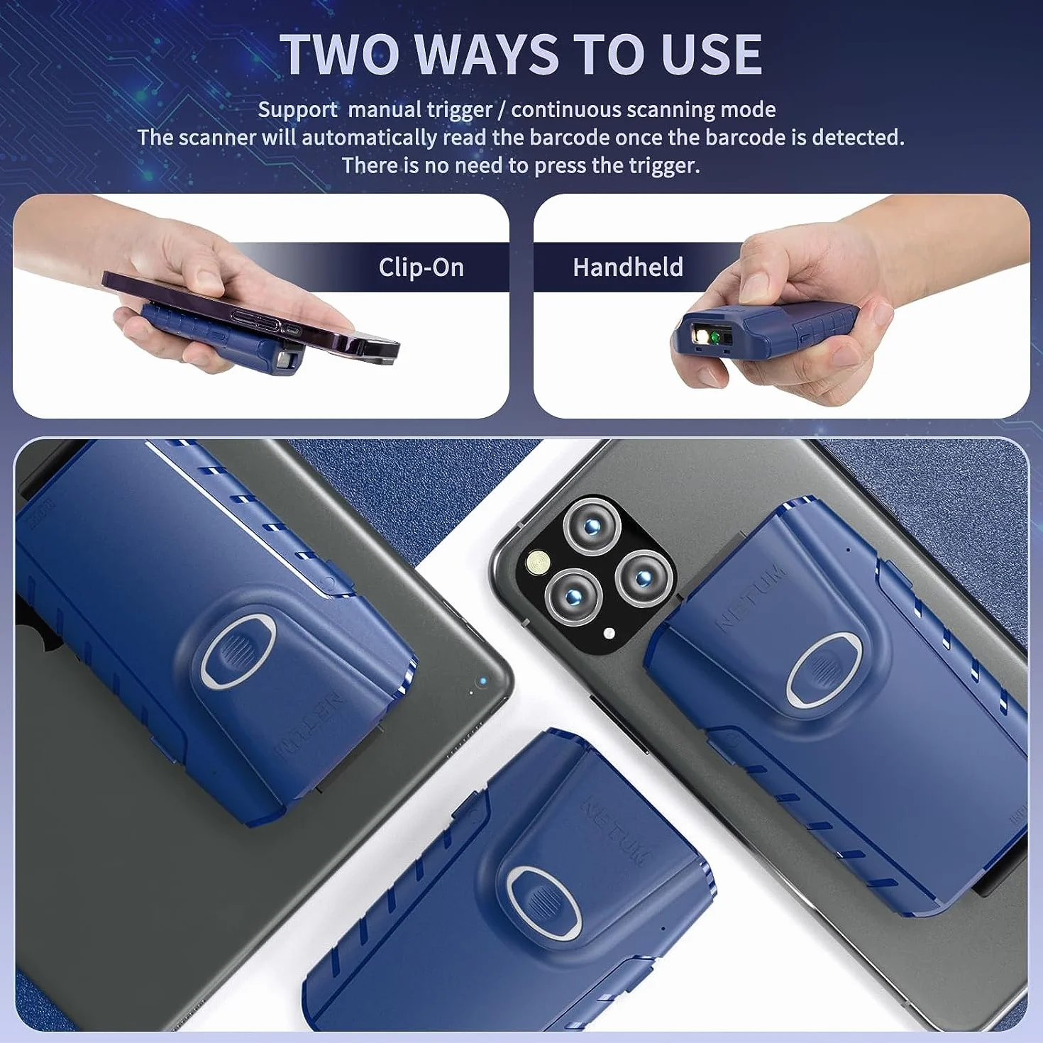 NETUM E950 Escáner de código de Barras 2D Bluetooth, 3 en 1 Lector de código de Barras QR portátil pequeño Automático Clip Trasero inalámbrico Trabajo con Tableta iOS Android Windows MacOS