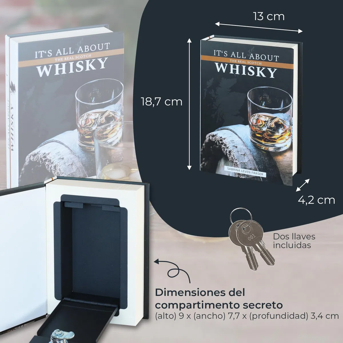 HMF 80701 Caja de libro, caja de caudales con camuflaje de libro con paginas de papel, "Whisky", 18,7 x 13 x 4,2 cm