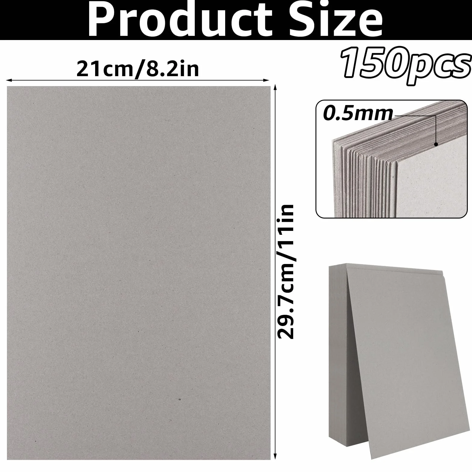 SHUESS Tablero gris A4, 150 hojas, 500 micras, A4 (29,7 x 21 cm), tablero gris de doble cara, cartón grueso para modelismo, grosor de 0,5 mm