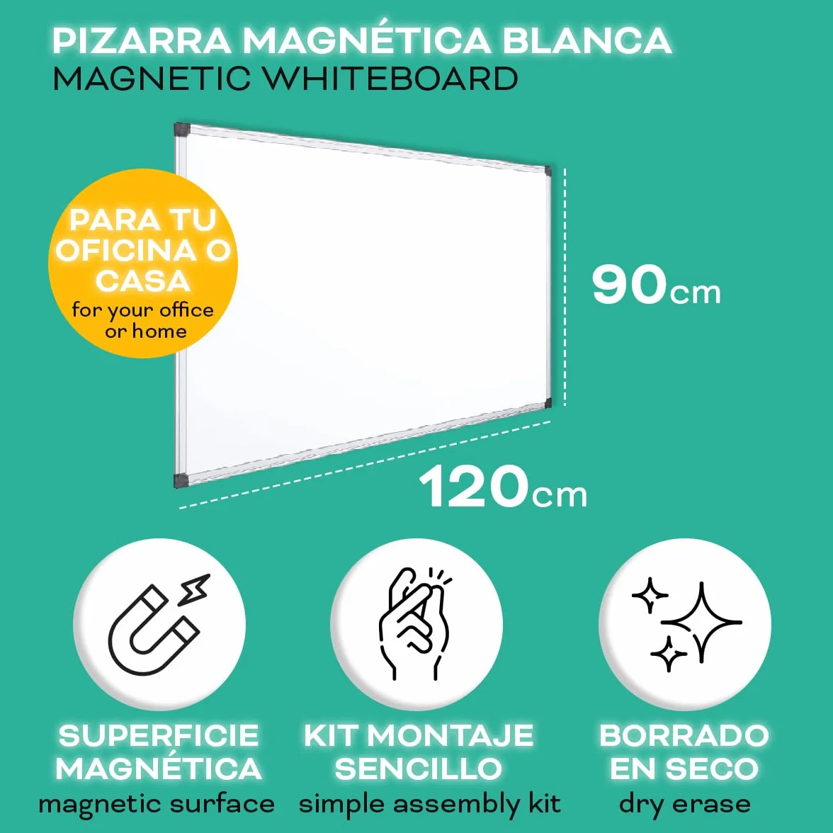 Pizarra Magnética Blanca Marco de Aluminio 120x90 Oficina Escuela