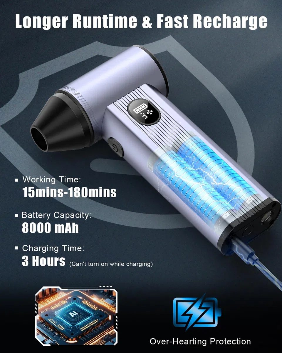 Plumero de aire comprimido inalámbrico con luz LED, batería de 8000 mAh, motor sin escobillas, soplador de aire eléctrico ajustable de 4 engranajes para el hogar, coche, computadora, al aire libre