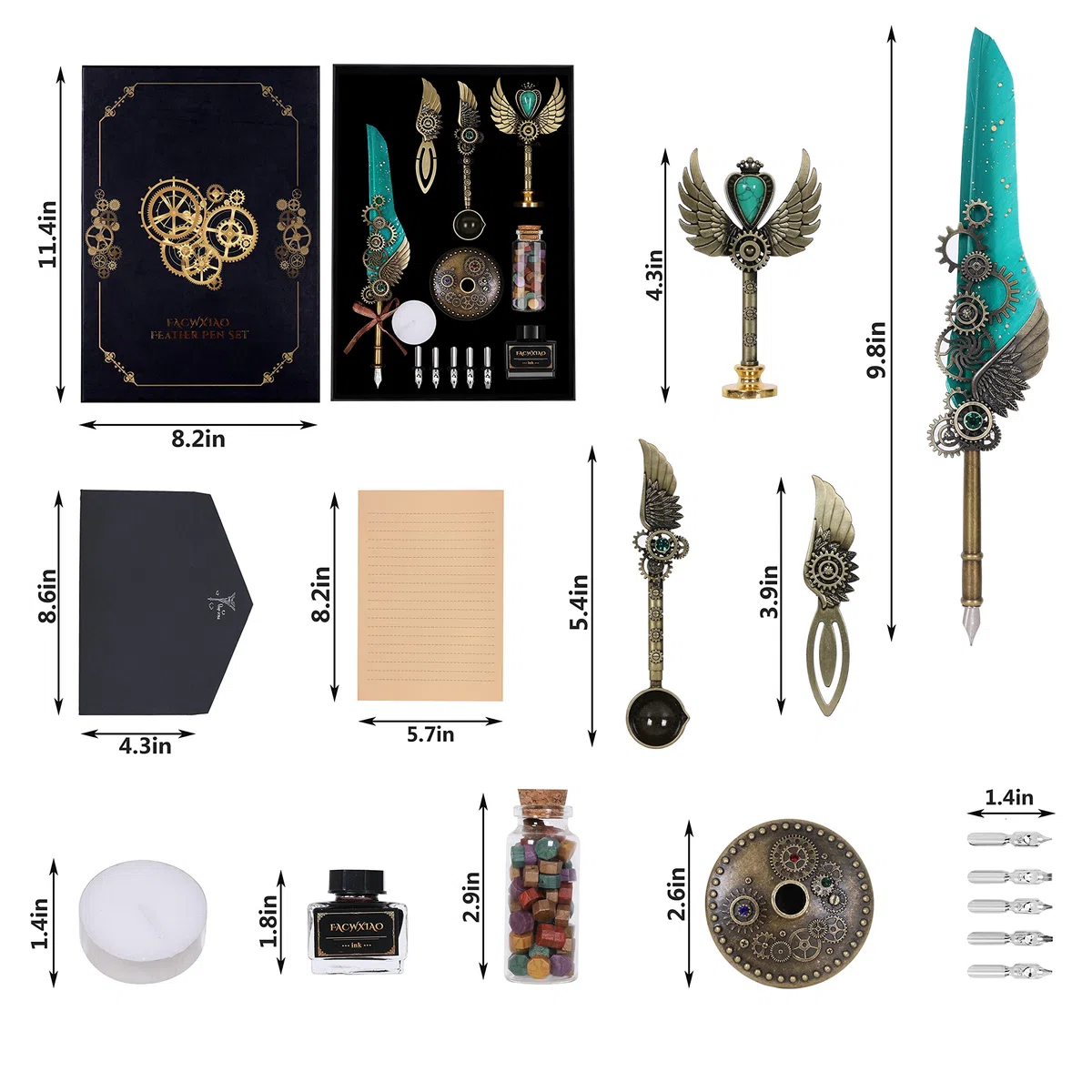 Juego de bolígrafos de pluma, verde, plumas, tinta, marcadores, sellos, puntas, cuentas de cera, sobres, papel de escritura, caja de regalo