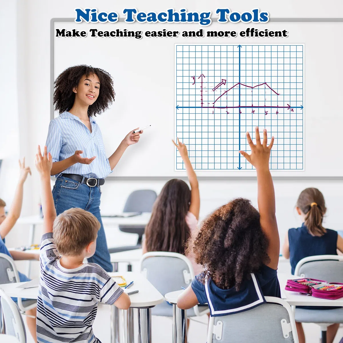 Aizweb Jumbo, cuadrícula magnética XY de borrado en seco, tablero gráfico de 66 x 66 cm para suministros de aula escolar, pizarra blanca magnética con mostradores, manipuladores de matemáticas para la