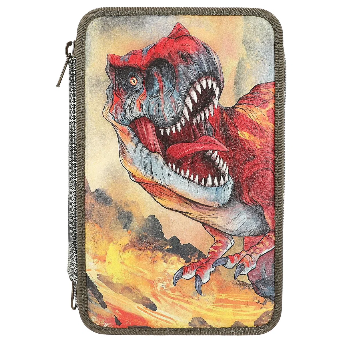 Depesche 13135 Dino World – Estuche Relleno de 3 Compartimentos en Verde Oliva, diseño con Efecto 3D, Estuche con lápices de Colores, Regla, Tijeras, etc.