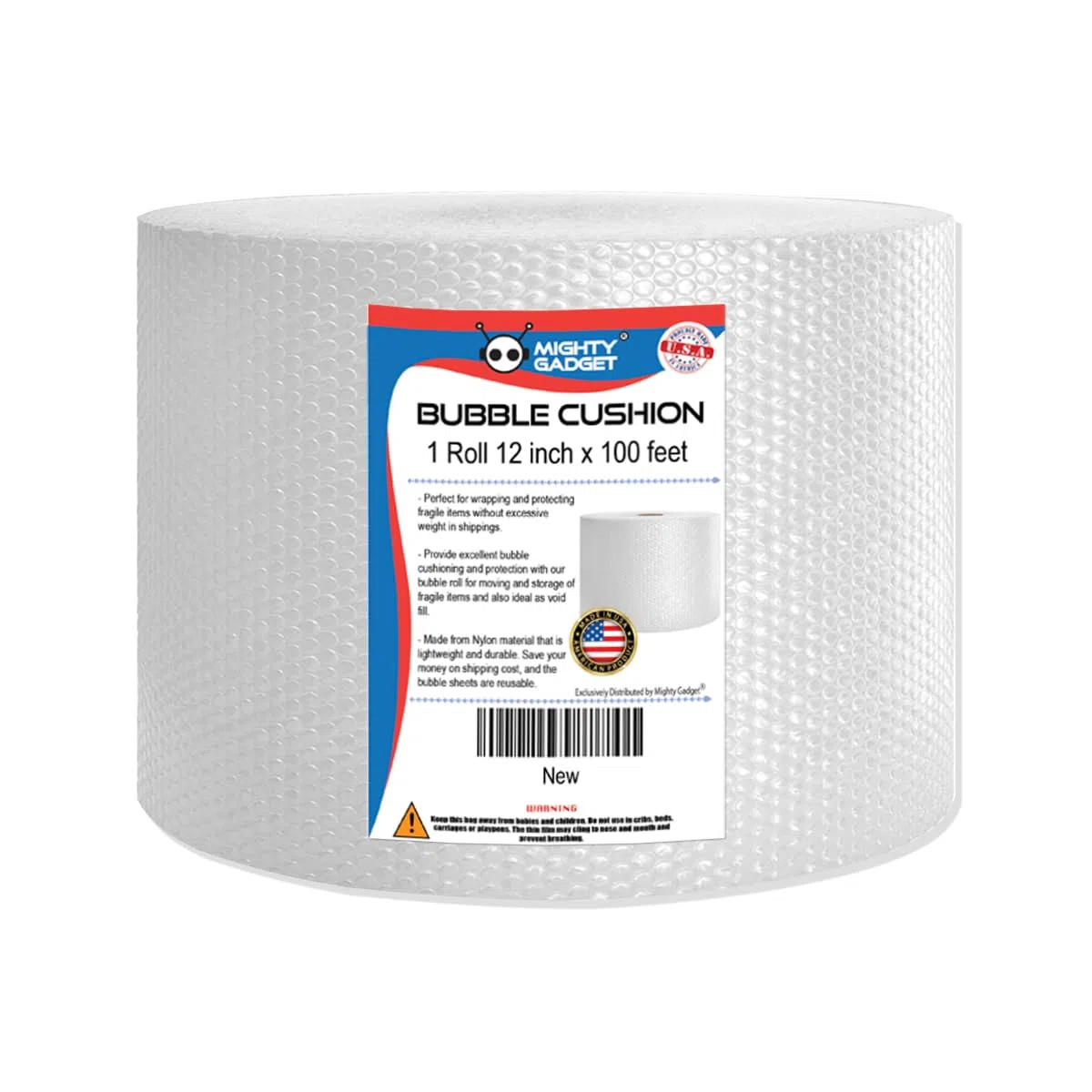 Mighty Gadget Envoltura acolchada de burbujas pequeñas de 100 pies perforada cada 12 pulgadas para mudanza, envío y embalaje para protección adicional de artículos frágiles: cristalería, platos de