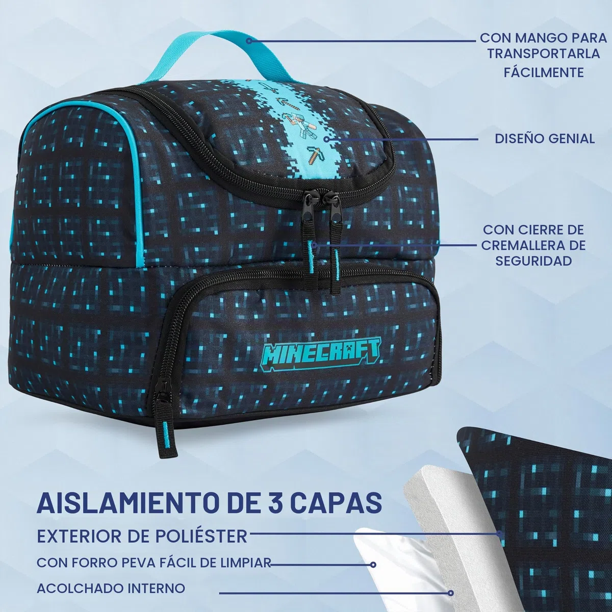 Get Trend Minecraft Bolsa Térmica Infantil, Lunch Bag 2 Compartimentos, Nevera Portátil, Bolsa Comida Escolar, Picnic o Viaje, Creeper Regalo Niños y Regalo Gamer (Multi/Turquesa Minecraft)