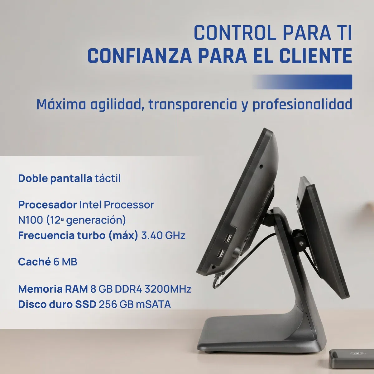 iggual TPV Dual Táctil 15,6”/11,6" Sistema Caja Registradora Completo con Doble Pantalla Windows 11 Pro WiFi 5 Ethernet Bluetooth 5.1 Procesador Intel N100 3,4 GHz Apto Verifactu