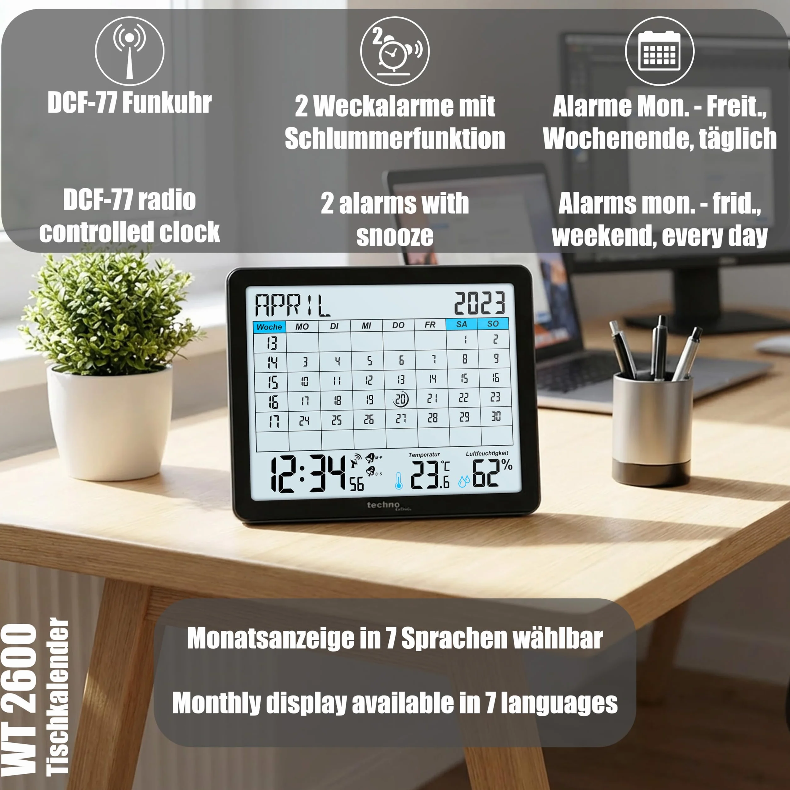 WT2600 - Calendario de Mesa, indicador de Temperatura, indicador de Humedad, indicador mín./máximo, 17 x 14 cm, Color Negro