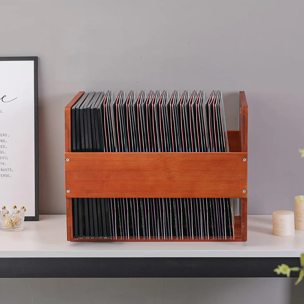 Caja de Almacenamiento para Discos de Vinilo Vintage Bambú Capacidad 80 LP Álbumes Marrón Oscuro