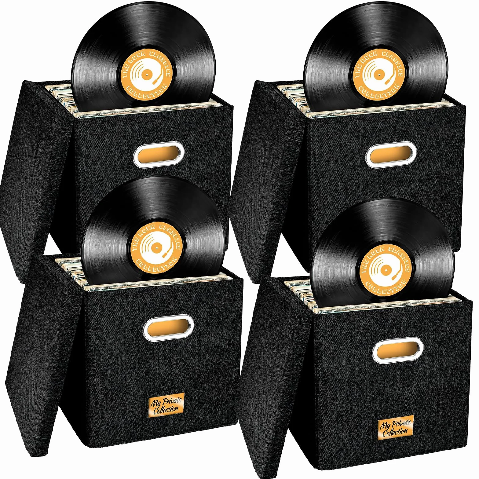4 cajas de almacenamiento de discos de vinilo de 12 pulgadas, caja de almacenamiento de CD con tapa y asas, cajas de almacenamiento plegables para LP con capacidad para hasta 100 discos
