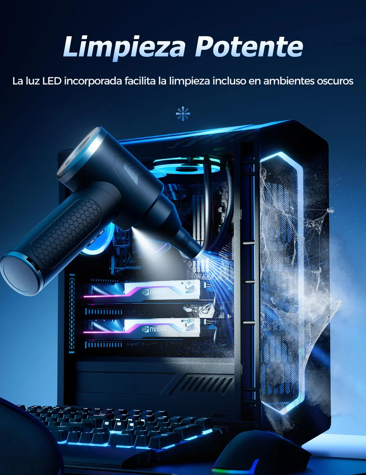 100,000 RPM Potente Soplador de Aire con Luz LED, Aire Comprimido Limpieza PC de 9000mAh, Soplador de Aire Para PC, Air Duster de 3 Velocidades, Plumero Electrico para Ordenador, Coche, Oficina, Sofá