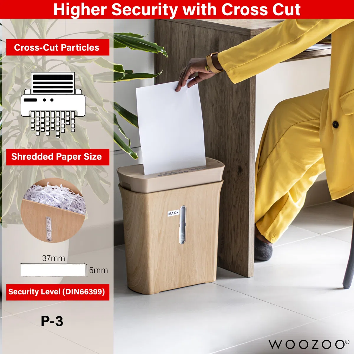 Woozoo, Trituradora de Papel/Destructora de Documentos, 8 Hojas, Tecnología Transversal, Papelera de 8,9L, Papel A4 - Personal Shredder Cross Cut P8GCD - Color Madera