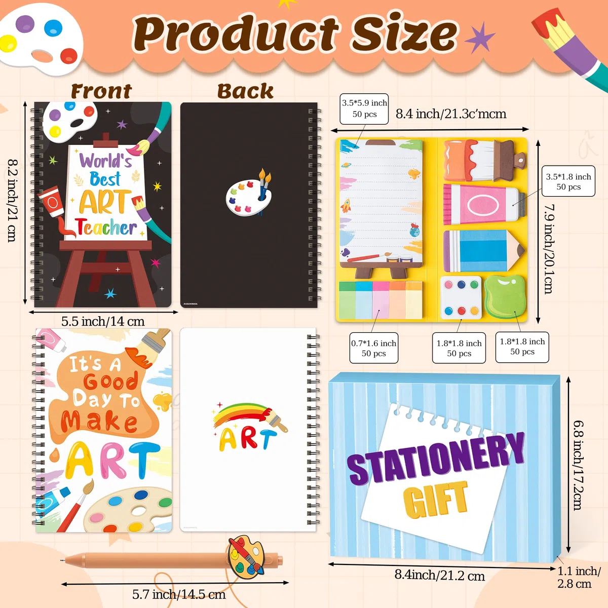 B1ykin Juego de regalo de papelería, 3 cuadernos adhesivos, cuadernos en espiral A5 y 550 hojas, bonitas notas adhesivas con bolígrafos, kit para oficina, escuela, profesores, suministros de Acción de