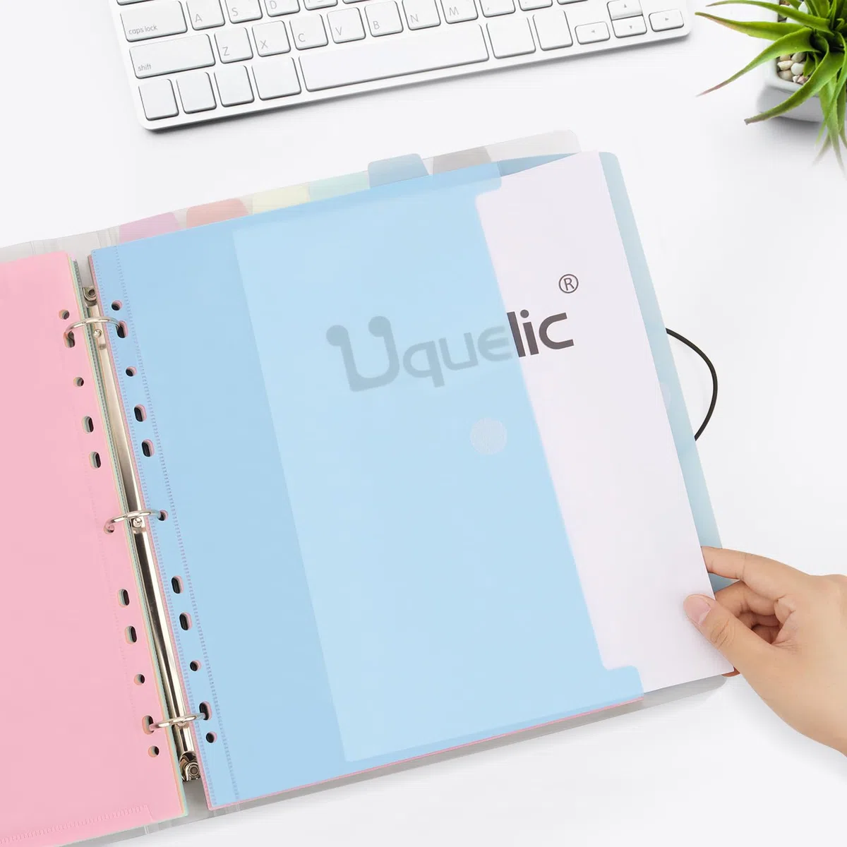 Uquelic Carpeta 3 Anillas A4– Carpetas Archivadoras con 12 Fundas Plástico A4 para Organizar y Archivar Documentos (Macarrón Transparente)