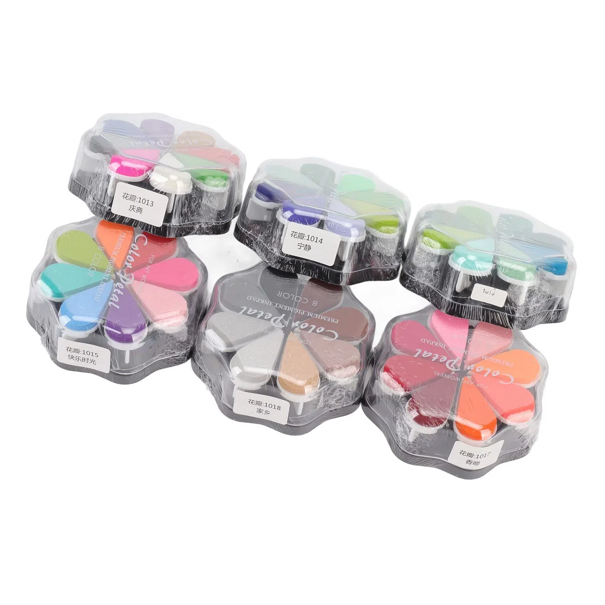 6 almohadillas de tinta lavables, almohadilla de sello de tinta metálica en forma de pétalo, 48 colores vibrantes, kit de sellos de goma para huellas dactilares, cobertura fuerte,