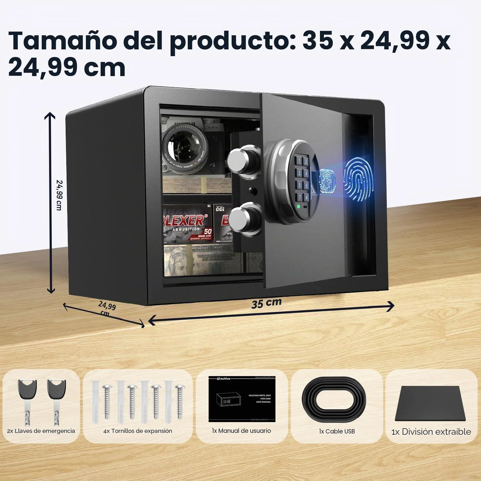Grimtron Caja Fuerte Biométrica Inteligente 14 Litros con Lector de Huellas Dactilares y Teclado Retroiluminado