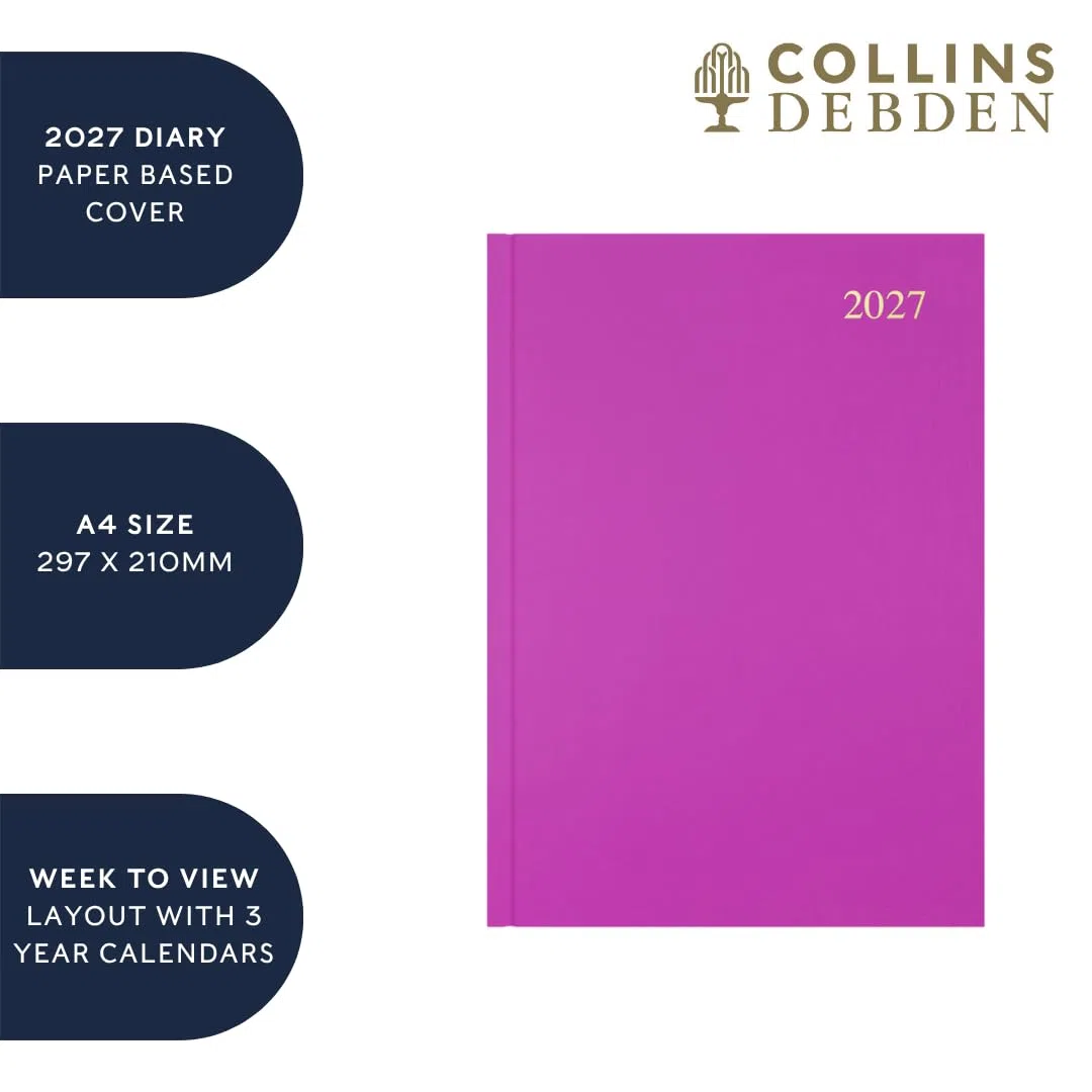 Agenda anual 2027, agenda semanal de 12 meses, tamaño A4, tapa dura en azul, gama esencial Collins Debden (ESSA43.60-27)