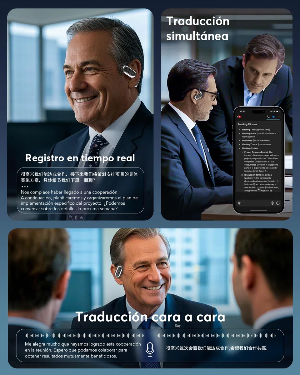 Auriculares Traductor en Tiempo Real con IA, traductor instantaneo de voz en 199 Idiomas, Auriculares Traductores Abiertos con Pantalla Táctil LED, Bluetooth 6.1, 80H batería, IPX7, viajes y reuniones