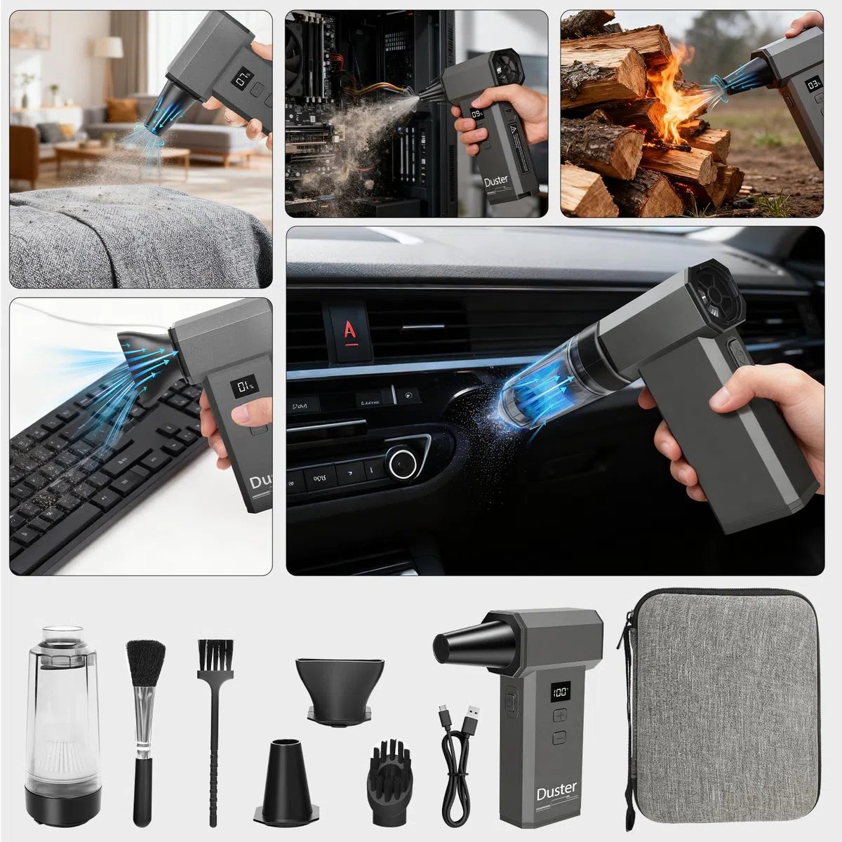 2 en 1 soplador de polvo eléctrico y mini aspiradora – 180.000 rpm pulverizador de aire comprimido con potencia turbo de 100 niveles comprimido con pantalla LED 8000 mAh batería soplador para PC