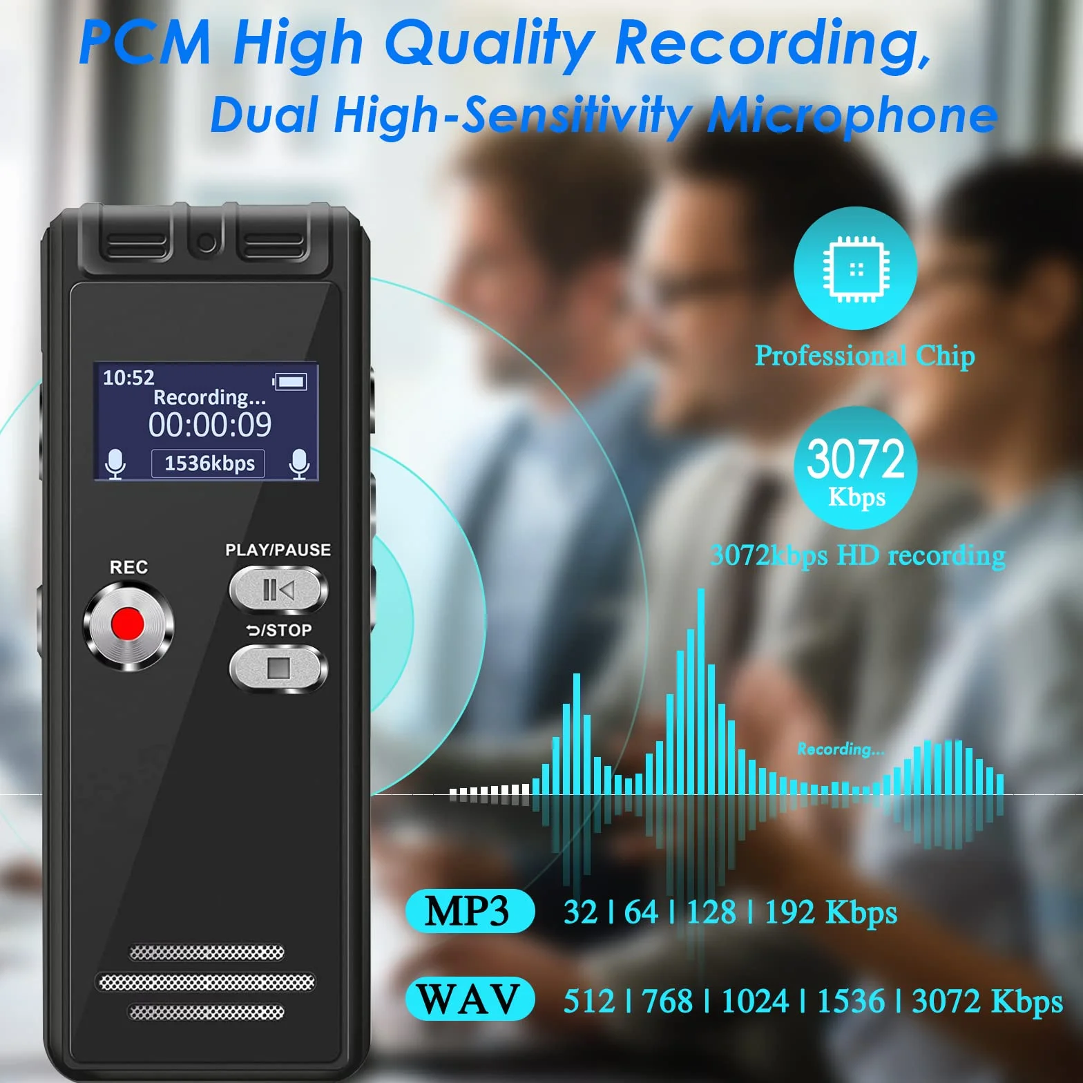 Grabadora de Voz Activada 16GB Portátil con Reproductor MP3 y Contraseña