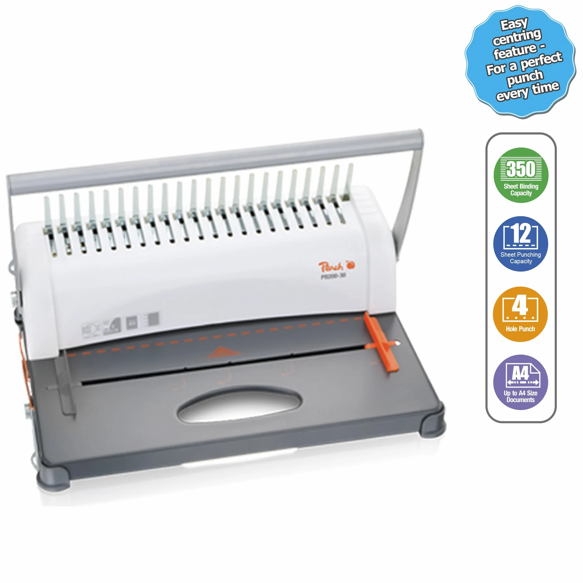 Peach Encuadernadora para plástico PB200-30 | Star Binder Pro - formato A4 | ganador de precio-rendimiento | encuaderna 350 hojas | canutillo máx. 38 mm. Capacidad de perforación 12 hojas. Incluye set inicial de 15 piezas