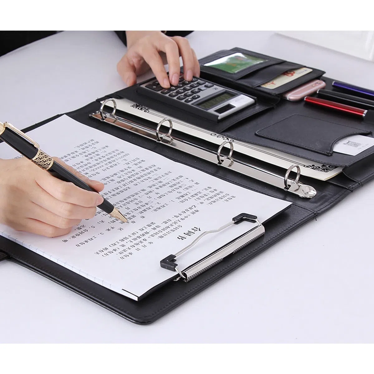 Funda de cuero para conferencias A4 con cremallera, maletín impermeable para reuniones de negocios, carpeta de anillas, portapapeles, bloc de notas, carpeta de portafolio, carpeta organizadora de