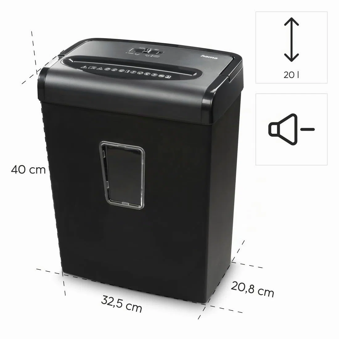 Hama |Trituradora de Papel Premium M8 Nivel Seguridad E-4,P-5,T-5,20L,Negro | Dimensiones 32,5 x 20,8 x 42 cm, MAX. Nivel de Ruido: 68 db, MAX. Velocidad de Corte: 2 m/min