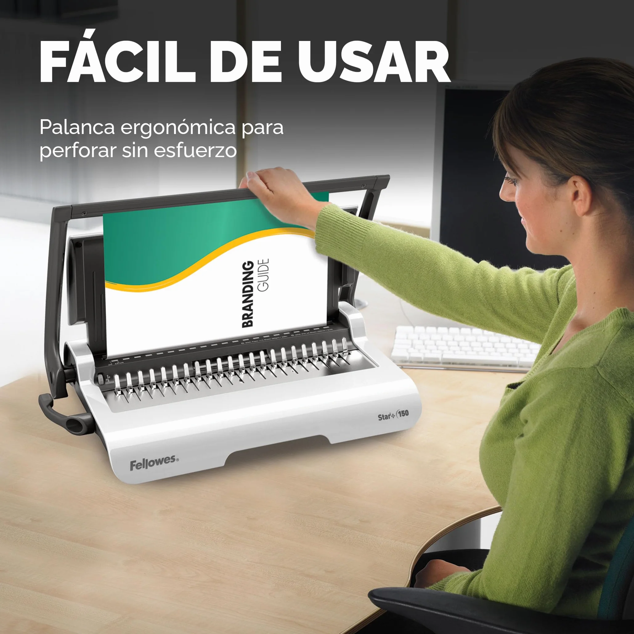 Fellowes Star+ encuadernadora con almacenamiento – perfora hasta 15 hojas A4 – encuadernadora manual de canutillo plástico – encuaderna hasta 150 hojas – ideal hogar o pequeña oficina