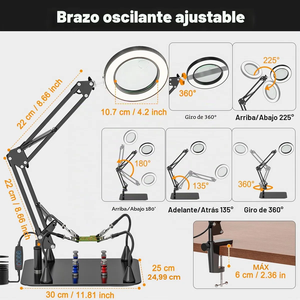 10X & 15X Lupa con Luz y Soporte, Manos de Ayuda Magnética con Lupa y Luz, Lámpara de Trabajo con Pinza y Modo de 3 Colores, Lámpara de Aumento para Manualidades, Soldaduras, Hobbies