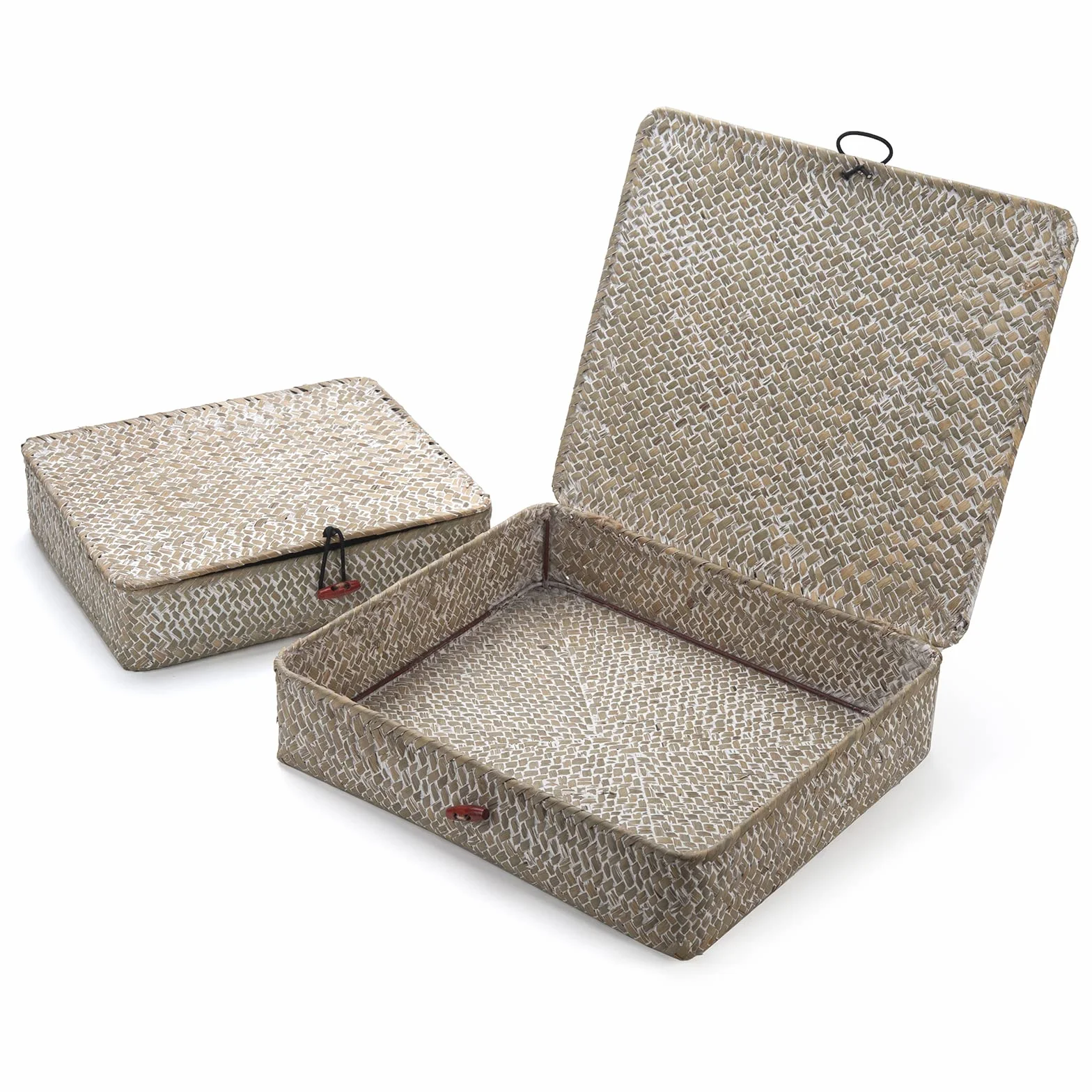 Cesta Almacenamiento con Tapa Seagrass Ratán Cestas de Mimbre Rectangular 2 Piezas (Grande + Pequeño)