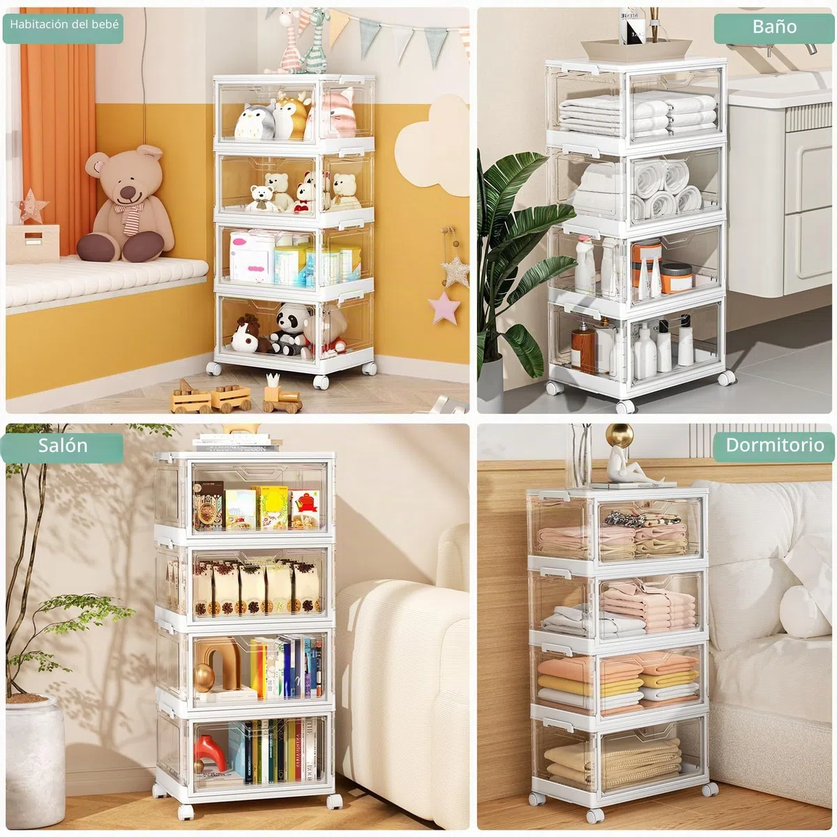 Cajas de almacenamiento con tapa – Cajas apilables de plástico de 4 niveles, 23 L, transparentes, grandes contenedores organizadores para dormitorio, salón, baño, 4 capas y 1 tapa