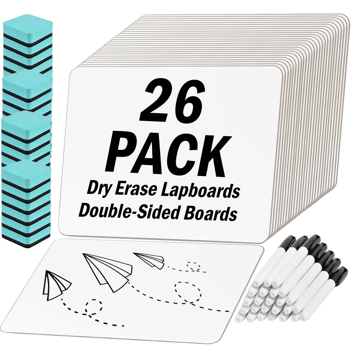 Paquete de 26 pizarras blancas personales de doble cara de 12 x 9 pulgadas para niños y profesores, mini pizarras blancas portátiles para uso doméstico y oficina, incluye marcadores y