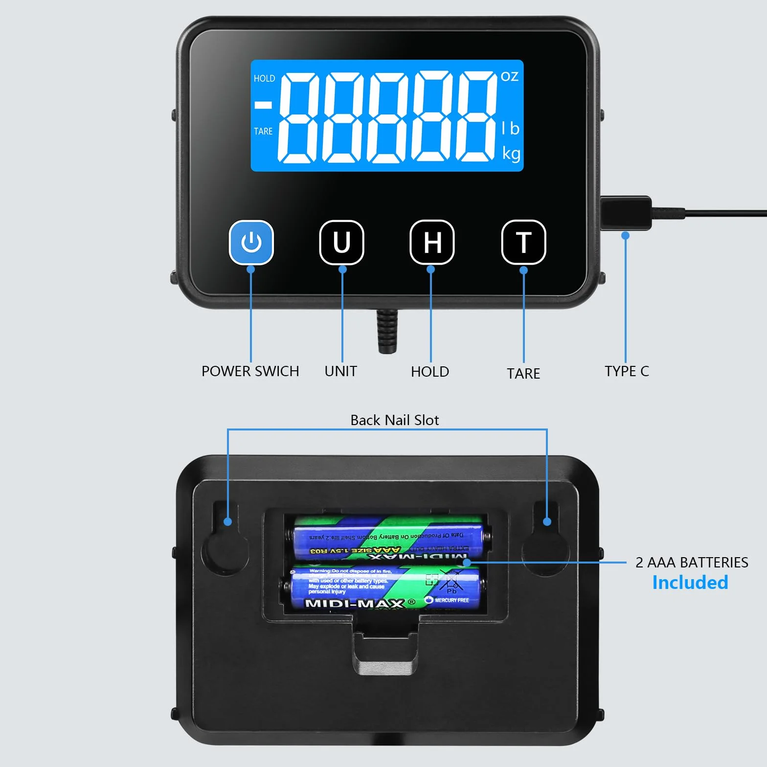 Báscula para Paquetería Digital 200kg/440lb, Balanza Postal Precisión 10g/0.35oz con Retención y Tara