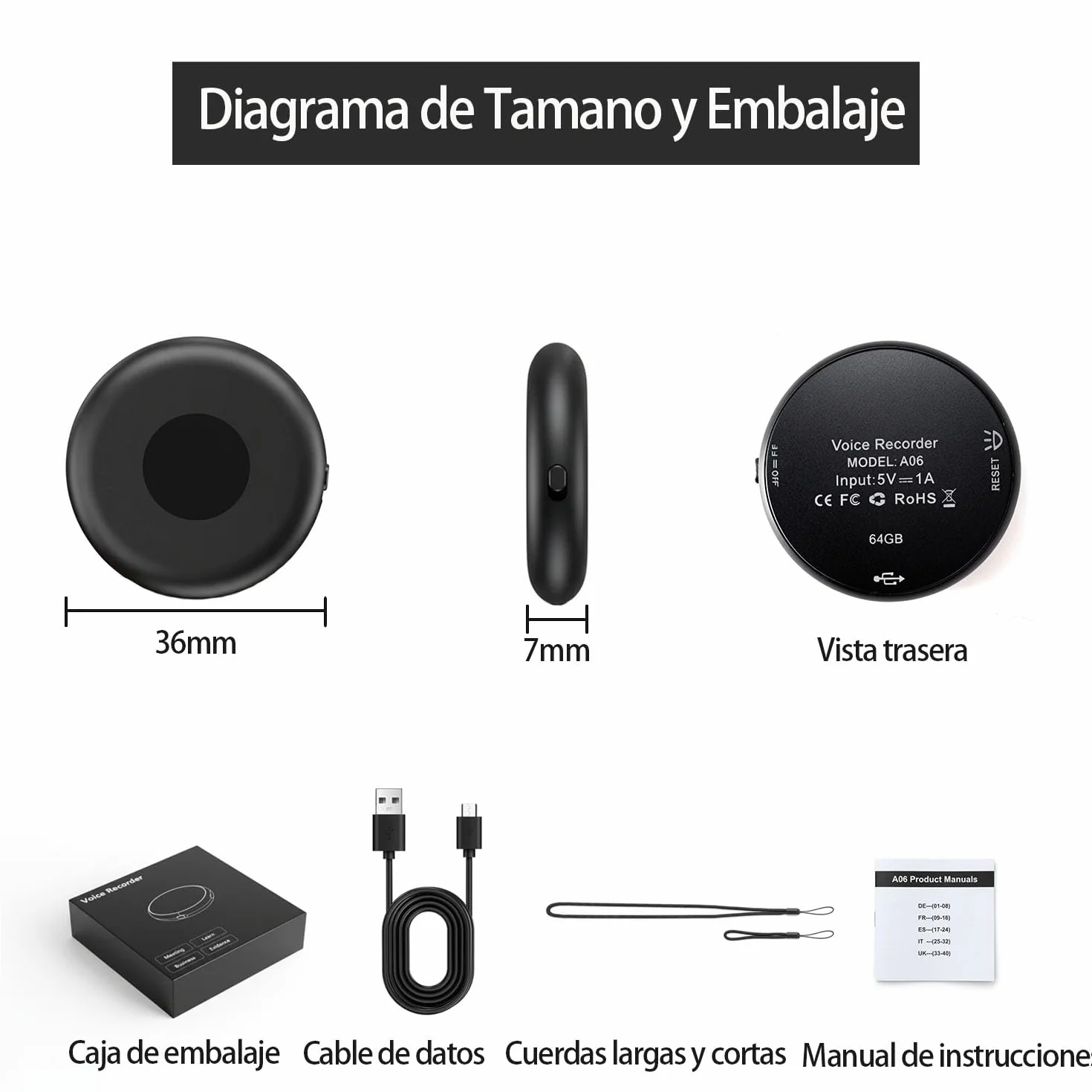 Grabadora de Voz Espía 64GB Recargable USB Activación por Voz Oculta para Clases Reuniones