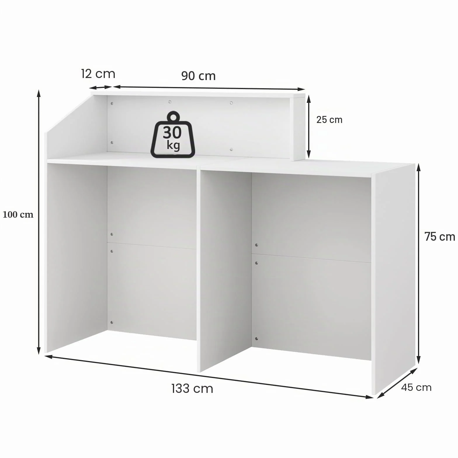 Mostrador de recepción blanco 133 x 45 x 100 cm, mesa de oficina con gran superficie de trabajo