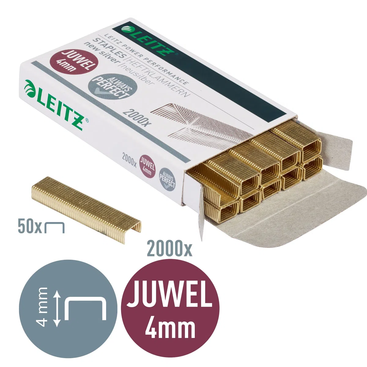 Leitz Juwel 56410000 - Grapas de 4 mm, 10 cajas de 2000 unidades, color plateado