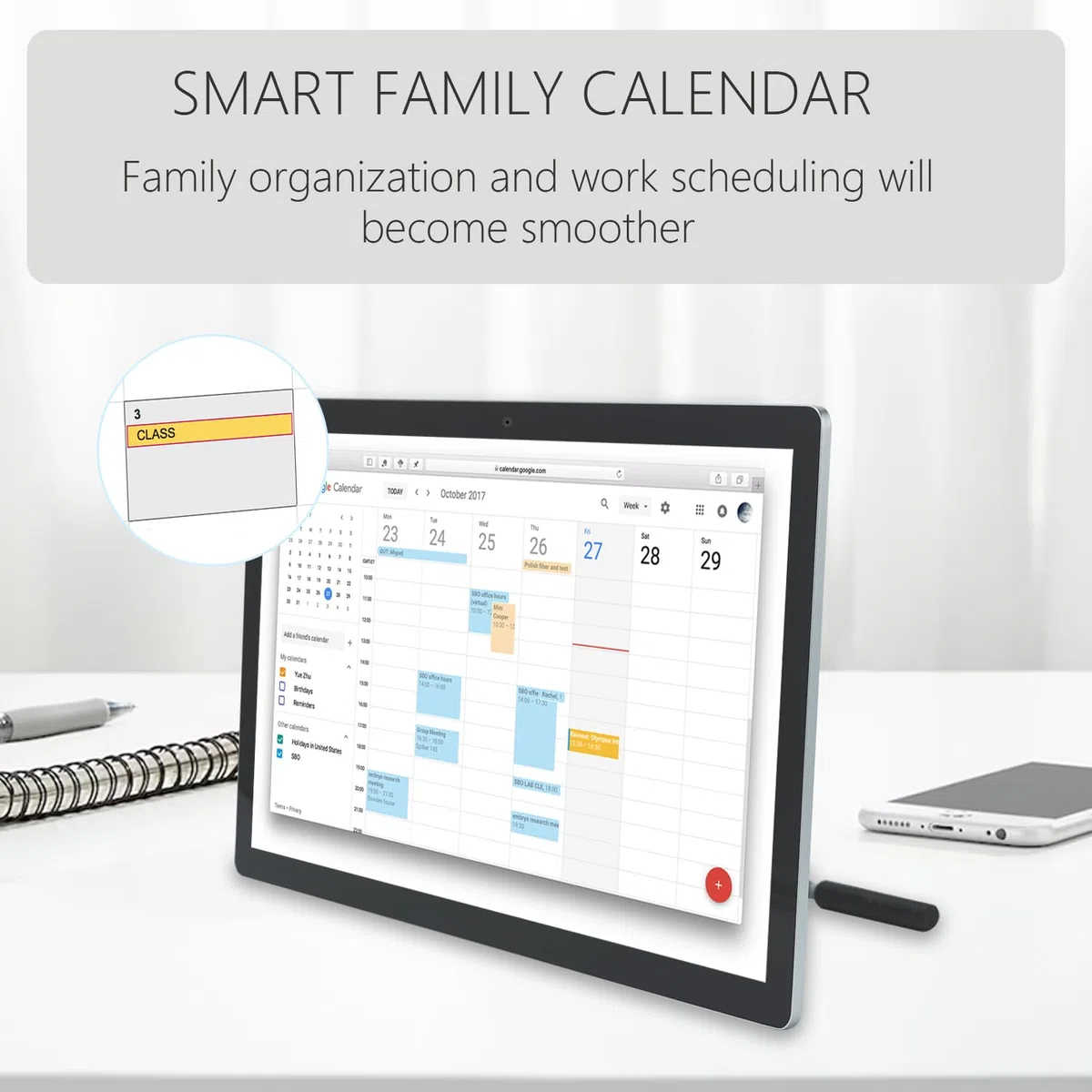 Calendario digital de pantalla táctil de 23.8 pulgadas y planificadores de pared, calendario inteligente de pizarra blanca para tabla de tareas y horario de trabajo, altavoces y cámara