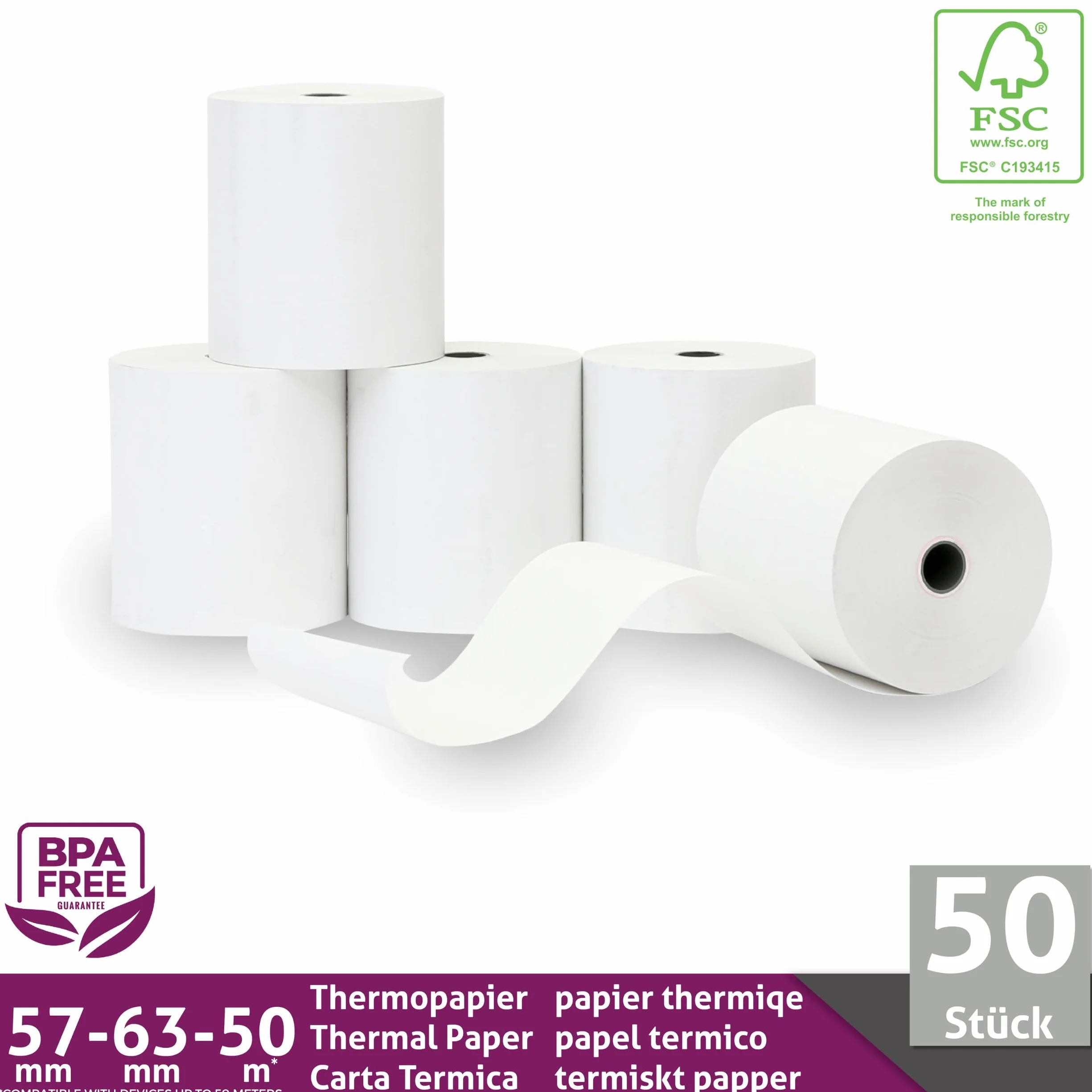 Papel térmico 57mm x 50m x 12mm - ideal para todas las cajas registradoras y TPV - Rollos para impresora térmica - (57x55x12) Blanco -Sin BPA (50 Rollos)