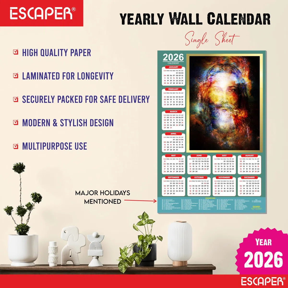 ESCAPER Calendario de pared de Jesús 2026, 12 x 18 pulgadas, calendario cristiano laminado con vacaciones indias, decoración religiosa de pared para el hogar y la oficina