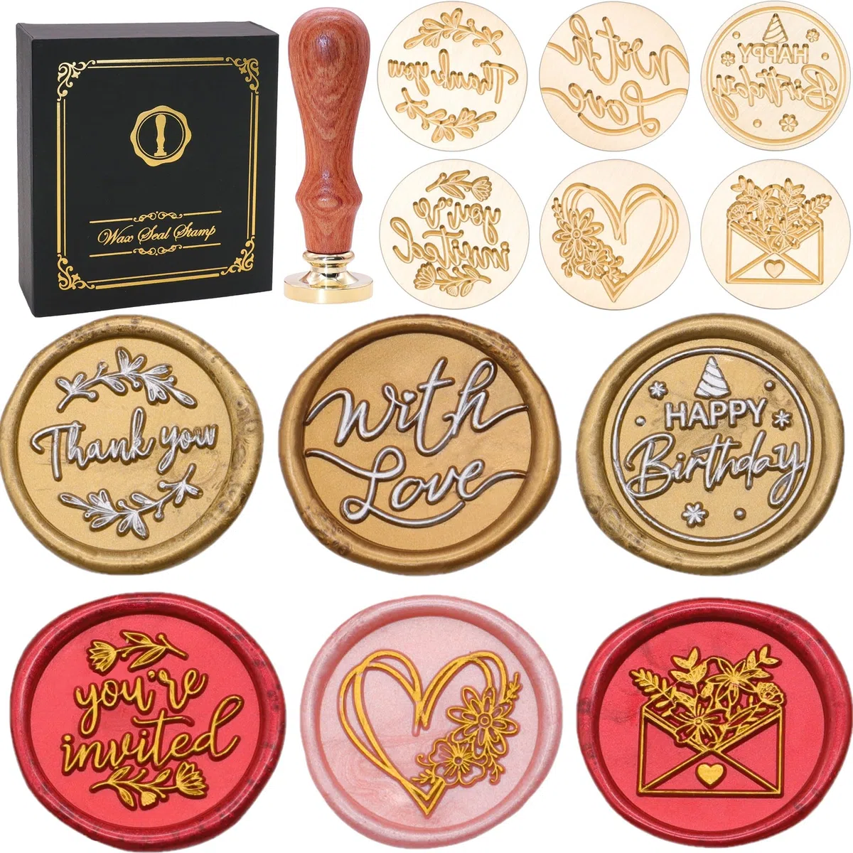 SWANGSA Blessing - Juego de sellos de cera para regalo, 6 cabezales de sello de sellado vintage + 1 mango de madera, kit de sellos de cera para invitaciones de fiesta, sobres, tarjetas y embalaje de