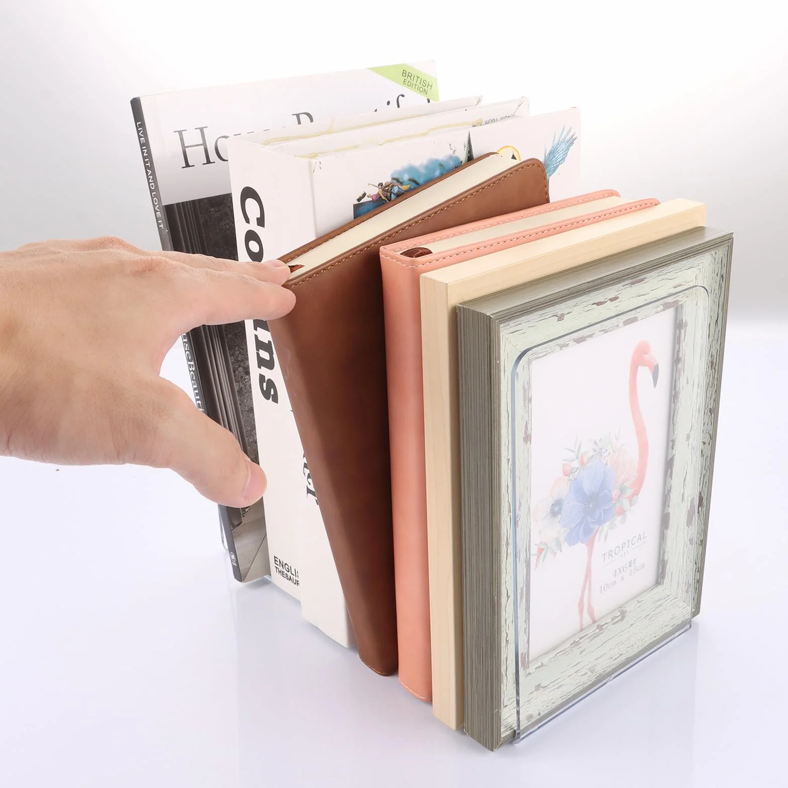 APACALI 16 sujetalibros acrílico, 12 x 11,8 x 18,2 cm, sujetalibros para estantes, soporte para libros transparentes, sujetalibros resistentes para sostener libros, para libros pesados, hogar, oficina