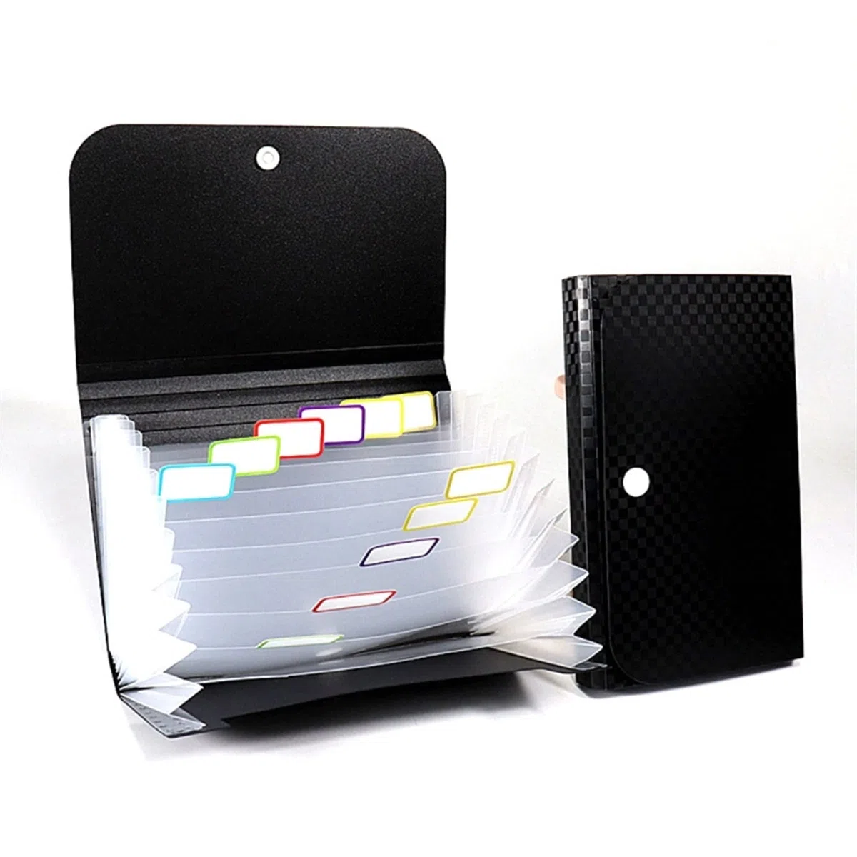 Organizador de archivos acordeón plástico, carpeta expandible PP con pegatinas índice cierre botón, divisores negros