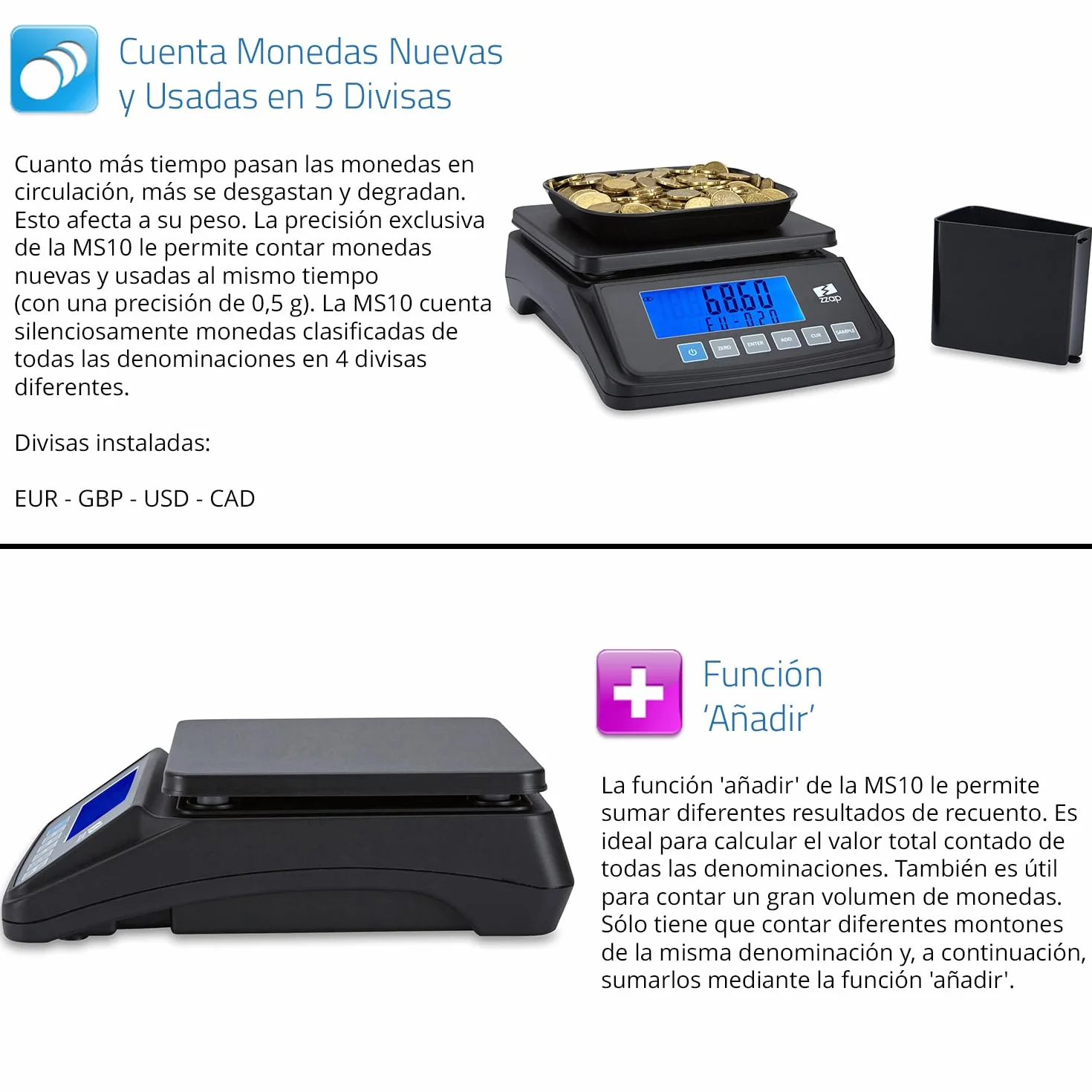 ZZap MS10 Báscula contadora de monedas 5 divisas 3 kg pantalla retroiluminada batería