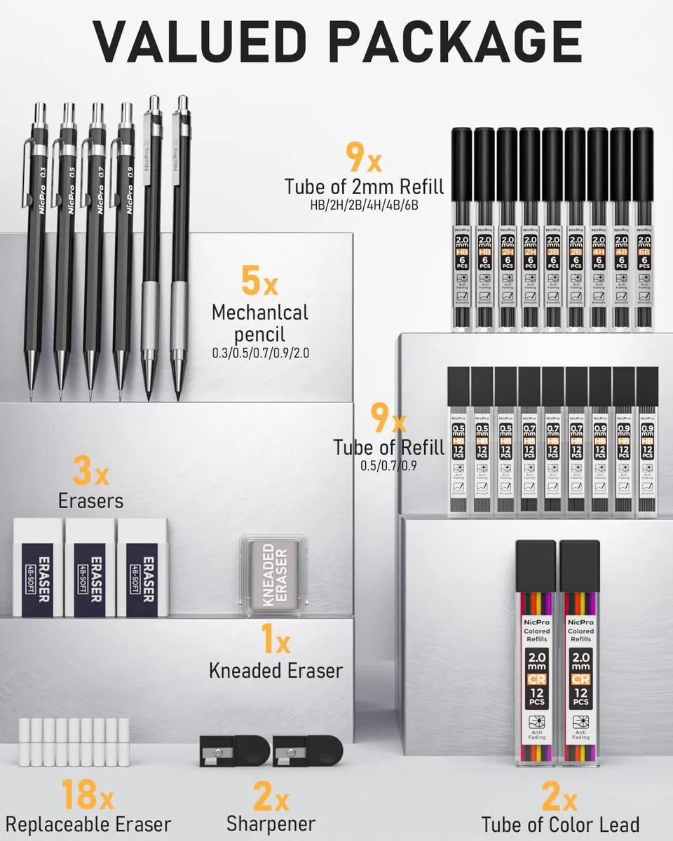 Nicpro 34 portaminas de arte negros, lápiz de dibujo de metal de 0,3, 0,5, 0,7, 0,9 mm y 2 portaminas de 2 mm (6B, 4B, 2B, HB, 2H, 4H) para dibujar bocetos, 19 tubos de repuesto para minas