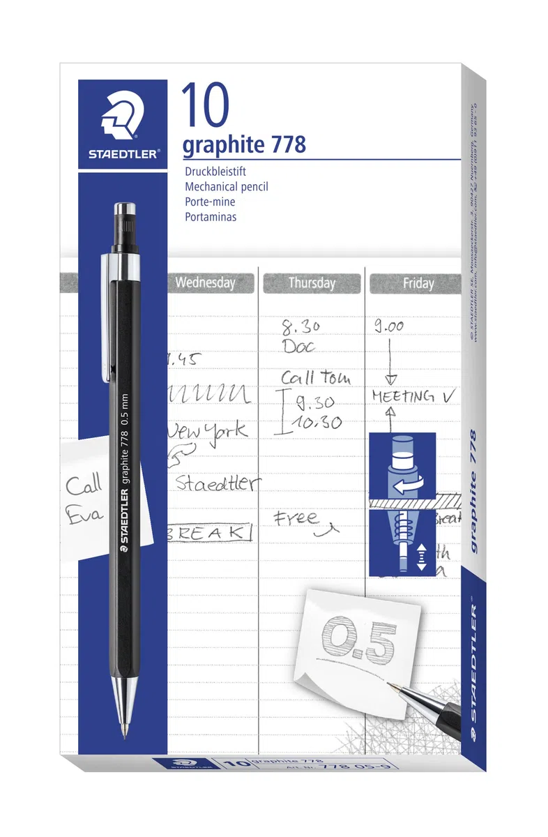 STAEDTLER Graphite 778 778 05-9 - Portaminas (forma hexagonal, 0,5 mm de ancho, punta y clip de metal, 10 portaminas en caja de cartón)