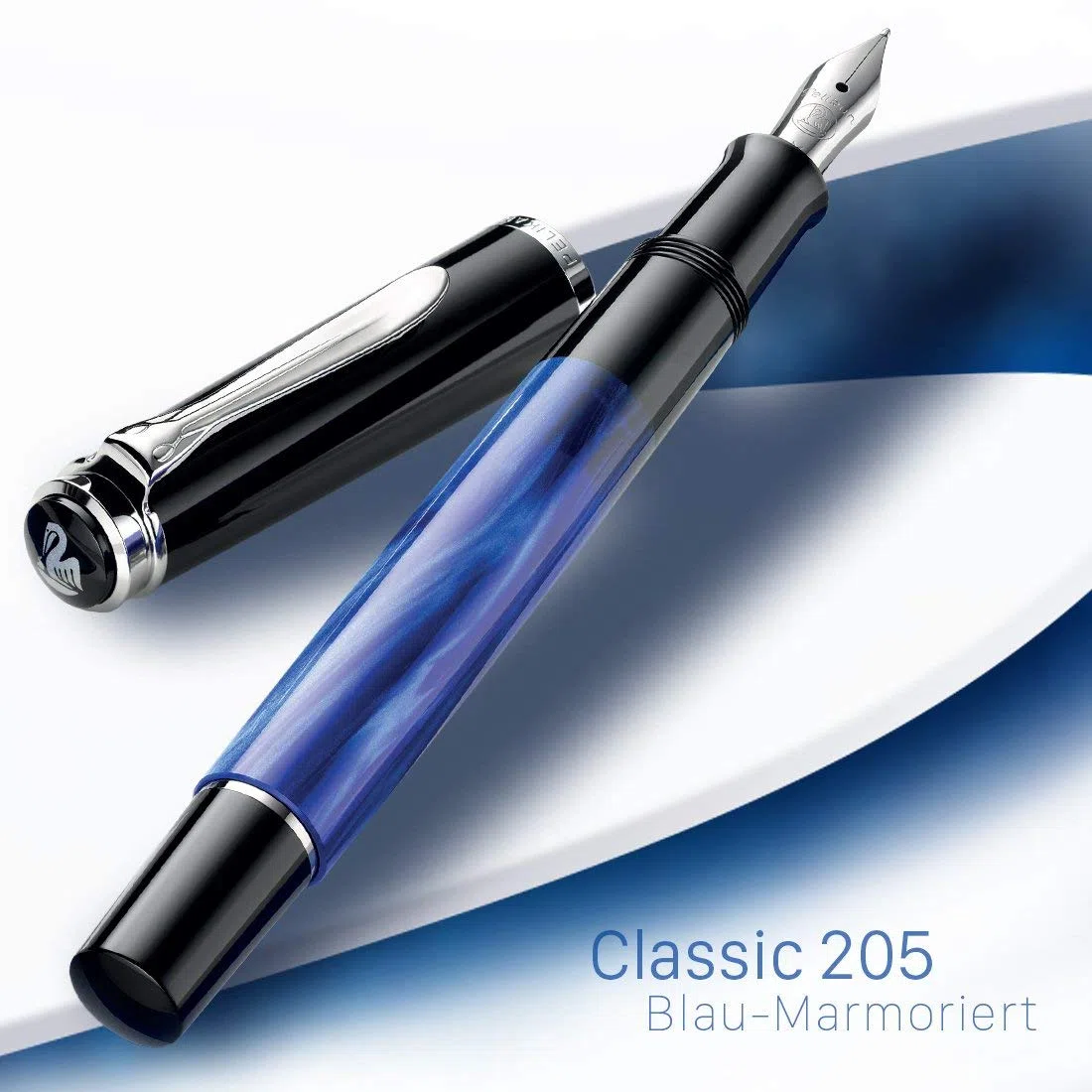 Pelikan 801850 M205 Pluma estilográfica con relleno de pistón, punta EF, en caja plegable, color azul mármol Spring EF azul